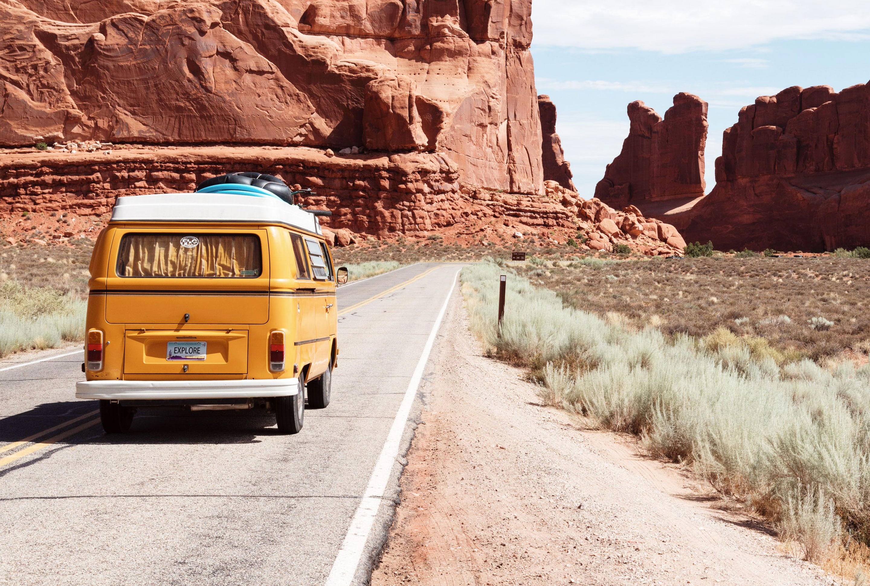 van driving through canyon